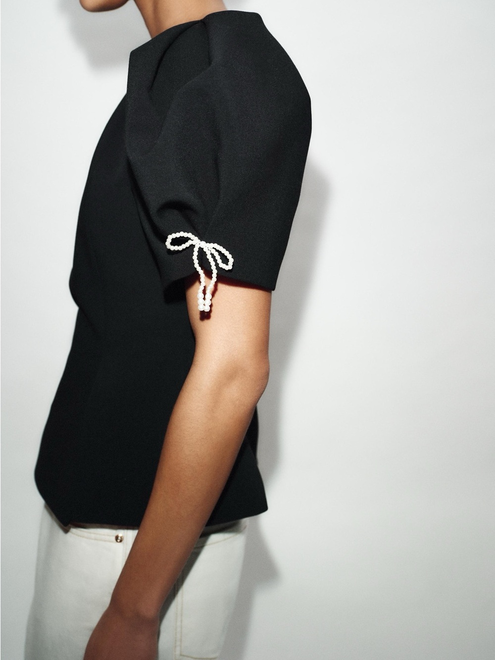 Zara Black Short Sleeve Top with Pearl Bow Sleeve